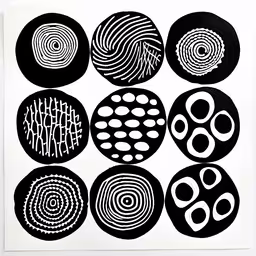 black and white circles are shown on a white background,different circles that are drawn in black and white