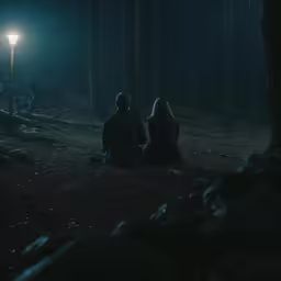 two people sit in the middle of the woods with a light in the dark