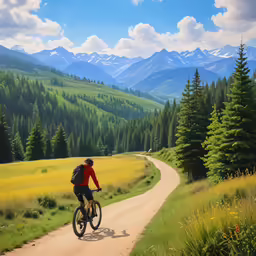 a painting of a biker on the road with mountains in the background