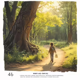 there is a child walking down the path towards the woods