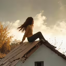 a girl is sitting on the roof of a building with wind blowing her hair