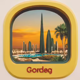 a window that says gordge in red with a view of a resort