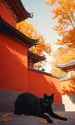 a black cat lays in front of the orange wall and pagoda