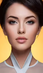 a woman wearing makeup and a blouse looks into the camera