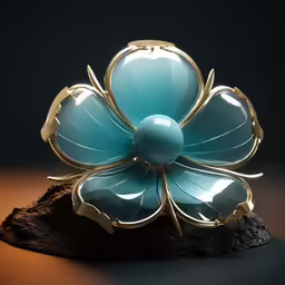 a large flower shaped object sits on a rock