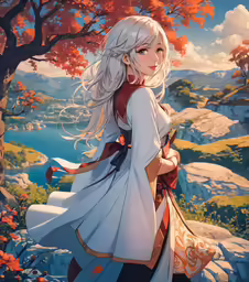 a girl wearing white holding a sword with a mountain backdrop