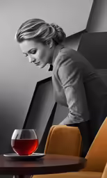 a woman looking at a glass of wine