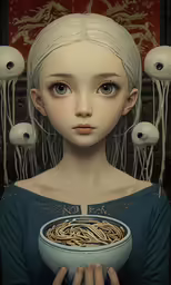 the woman is holding a bowl of spaghetti