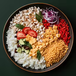 a salad on top of white rice and other vegetables
