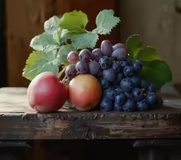 an assortment of fresh fruits sitting on a wooden table