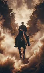 a horse with a rider on it is riding through the air