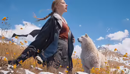 a woman in a black jacket and two polar bears in the wild