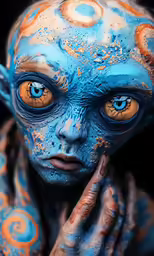 a blue humanoid with orange circles and spots painted on her face