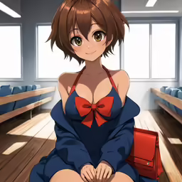 anime girl in blue dress sitting down and holding red suitcase