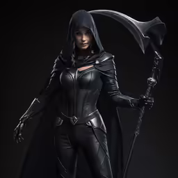 a model in a hood and cape holding a large sword