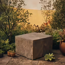 two pots with small trees and a large rock