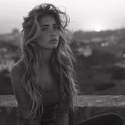 a woman is sitting on top of a wall,a woman is sitting on the ledge with her hair blowing in the wind