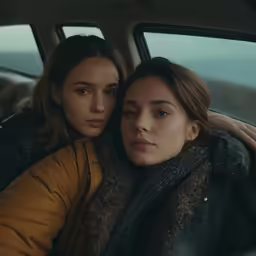 two girls are sitting inside of a car