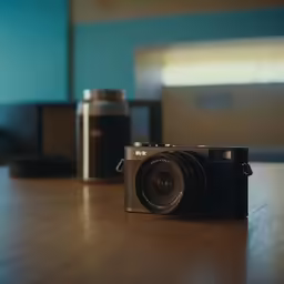 the view of a camera and other electronics are sitting on the table
