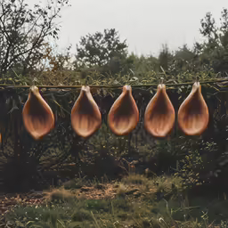some fruit hanging on some branches near many trees