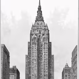 a drawing of a large building in the city