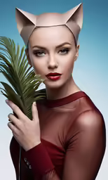 the lady is holding a plant with ears on her head