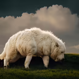 a large white animal standing on top of a grass covered field
