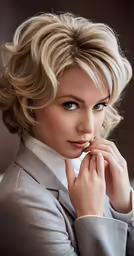 a woman in grey jacket with white collar posing