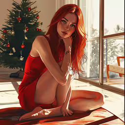a woman in red dress sitting on a floor,an artist has created a cartoon of a red haired woman sitting on the floor
