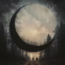 two people walk towards the darkness and large moon