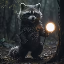 a racoon standing in a forest, holding a lantern