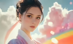 a pretty asian girl in a pink dress with a rainbow cloud background