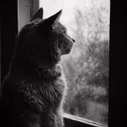 black and white photograph of cat sitting by window