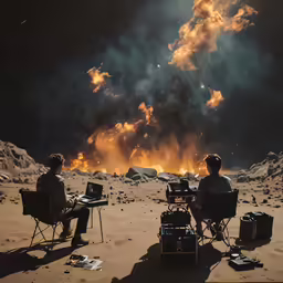two people sitting on chairs facing each other and writing on notebooks with the sky in background