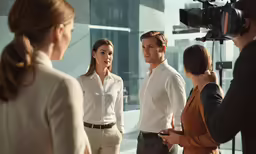 three professionals are being interviewed by two women
