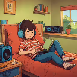 a kid that is laying down in bed with headphones,a young boy with headphones is laying on his bed