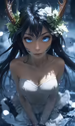 a beautiful, young lady in a white dress with horns on her head sitting in the water