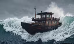 a ship is in the middle of an ocean storm,the ship is in the midst of breaking waves