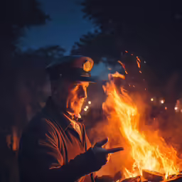 a man in uniform is standing near the fire