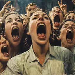 the group of people who are yelling and screaming with their hands up