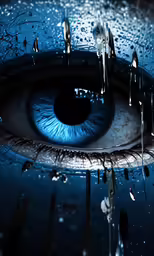 a blue eye with tears in the blue water