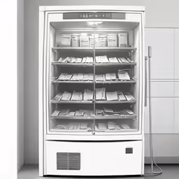 the large white freezer with its contents is on display