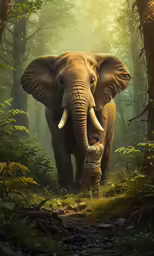 an elephant walking in a forest with light coming from behind it