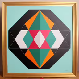 a painting of geometric art sitting in a golden frame,an abstract geometric artwork on display in a wooden frame,a painting of a diamond on a blue background,there is a painting hanging on a wall,an artistic painting of a green, red and orange diamond