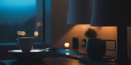 a tea pot and cup sit on a table next to a window