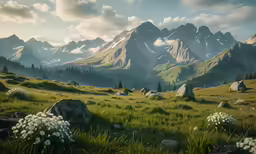 a large grassy field with some very pretty flowers