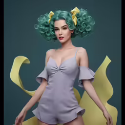 a young girl in a short green wig with flowers in her hair