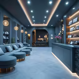 a large lobby has several couches and seating in it