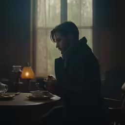 a man sitting at a table drinking coffee
