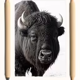 a buffalo looking at the camera with big horns